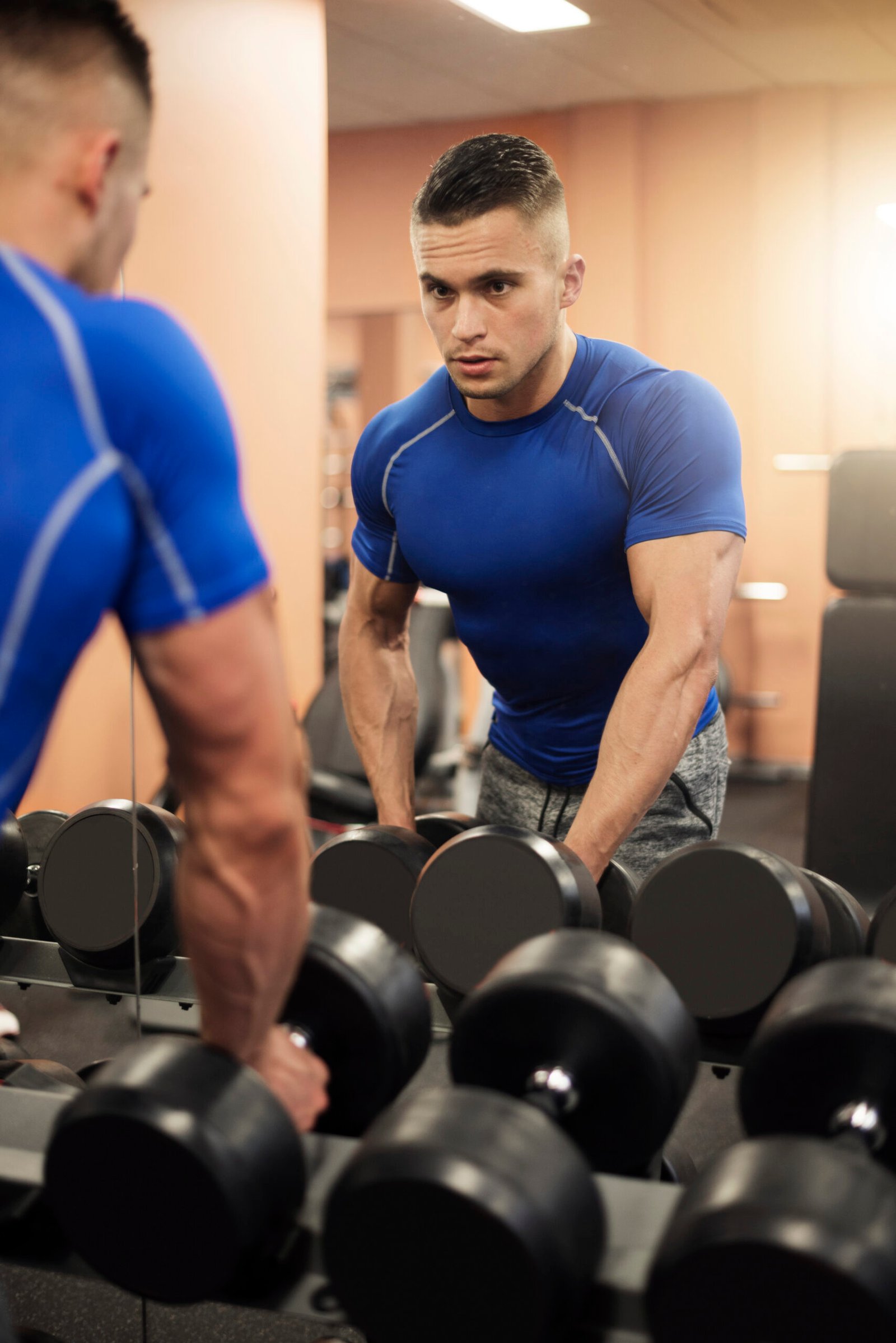 Rack full of different dumbbells